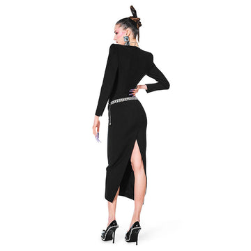 2024 New Sexy V-Neck Long-Sleeved Diamond Elastic Bandatry Party Party In The Long Dress